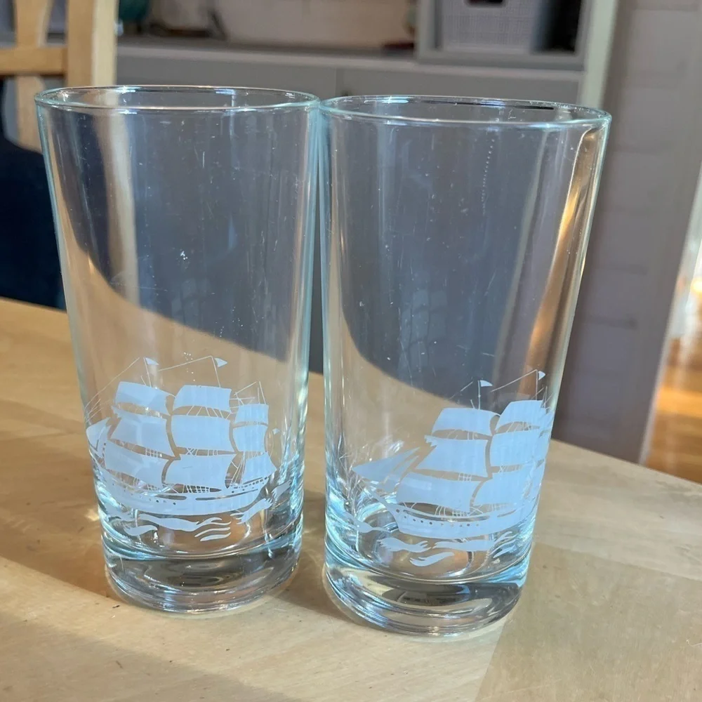 Vintage Schooner Sailing Ship Tumblers Glasses 12 oz. set of Two